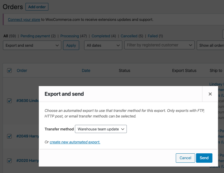 WooCommerce Customer / Order / Coupon Export export and send orders