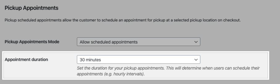 The appointment duration setting in the Local Pickup Plus settings.