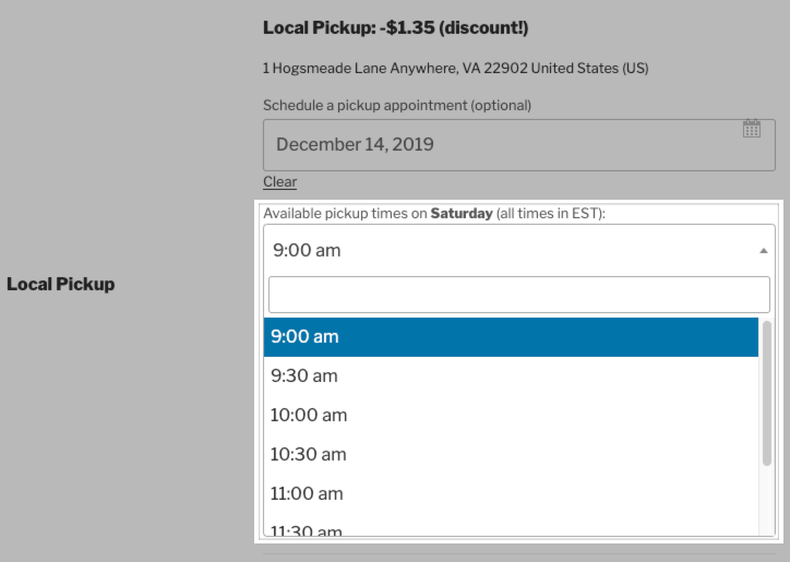 The pickup appointment time selector for the first location.