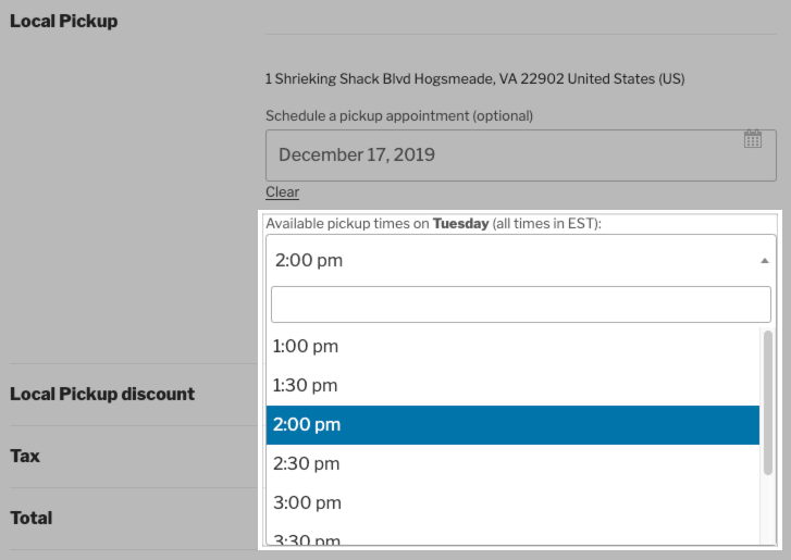 The pickup appointment time selector for the second location.
