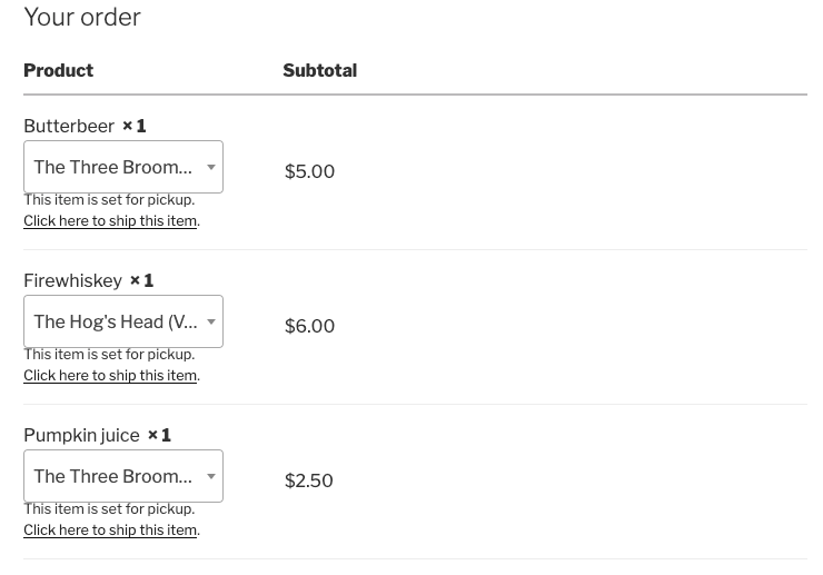 An order with products selected for local pickup at multiple locations.