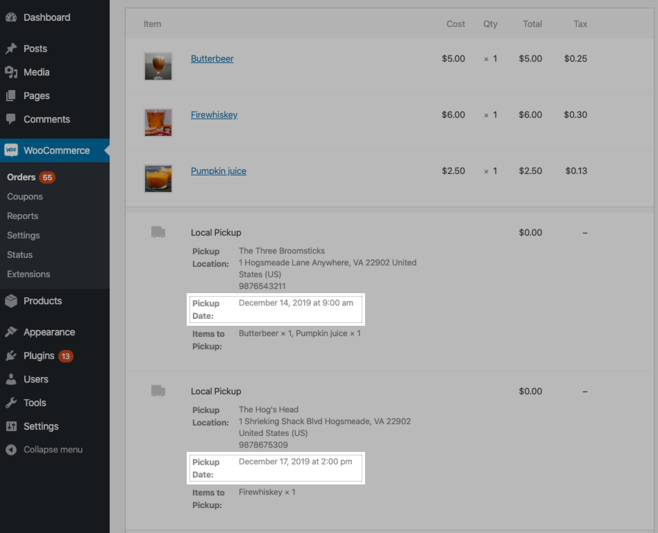The pickup date and time in the order detail page in the WooCommerce admin.