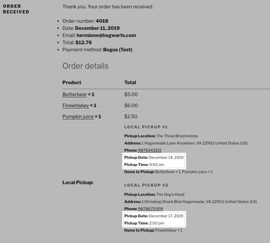 The pickup dates and times for both locations on the Order Received page.