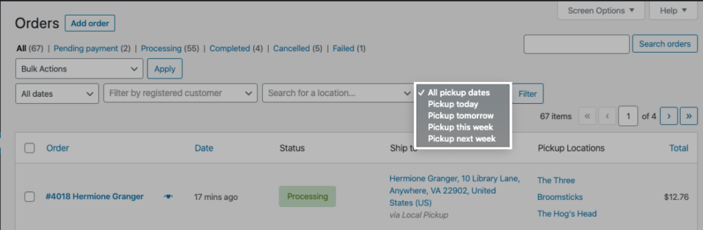 The pickup date filter in the WooCommerce Orders page.