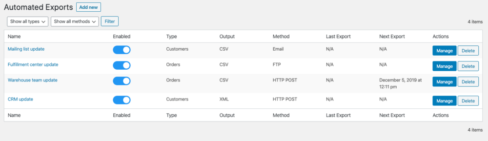 WooCommerce Customer / Order / Coupon Export automated exports list