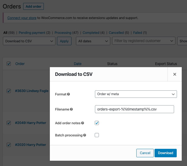 WooCommerce Customer / Order / Coupon Export download orders to CSV