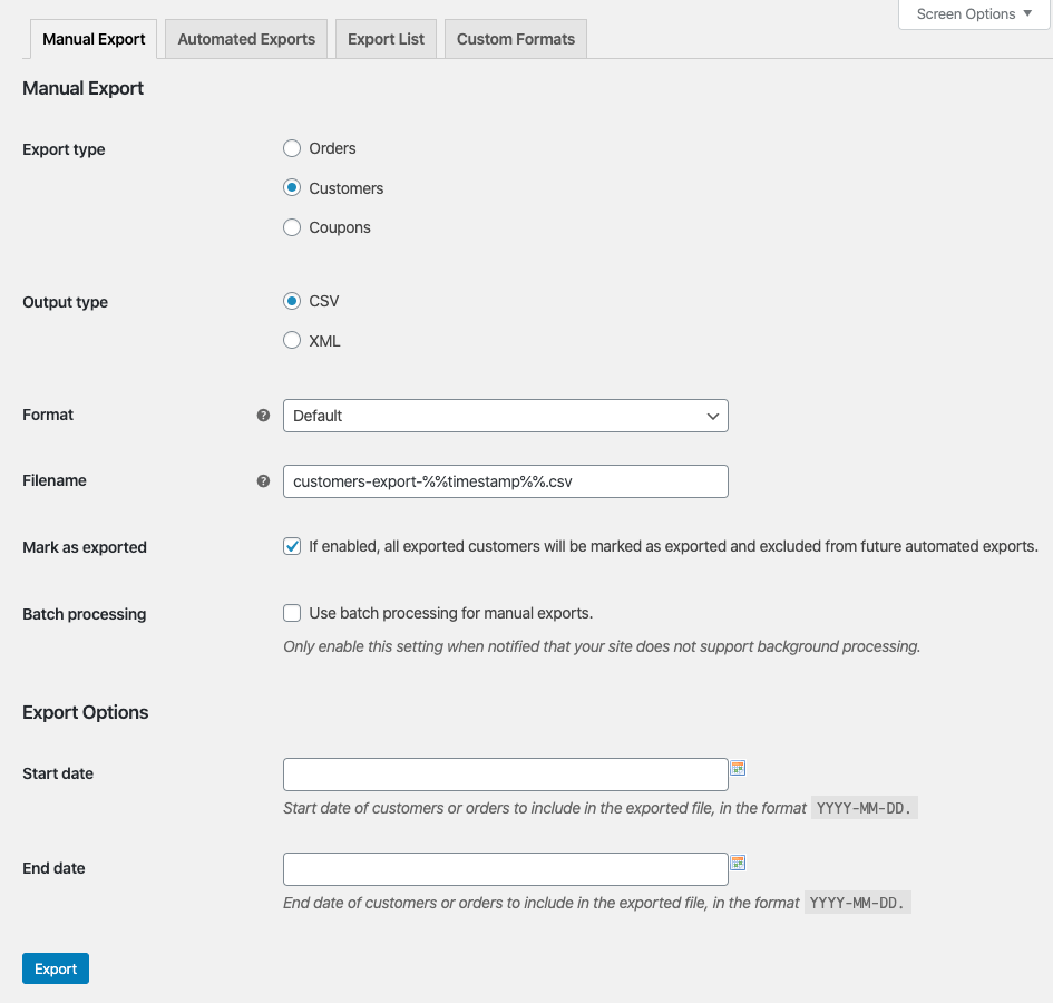 WooCommerce Customer / Order / Coupon Export manual export