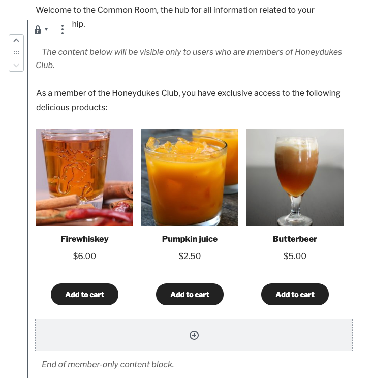 Adding content to a Member Content block.