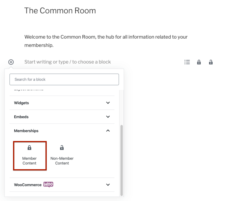 Adding the Member Content block on a WordPress page.