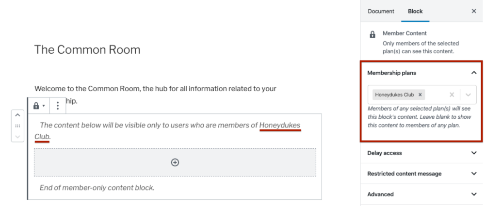 Selecting membership plans in the Member Content block settings.
