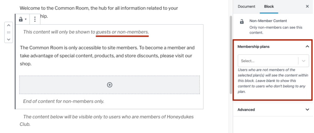 Adding the Non-member Content block on a WordPress page.