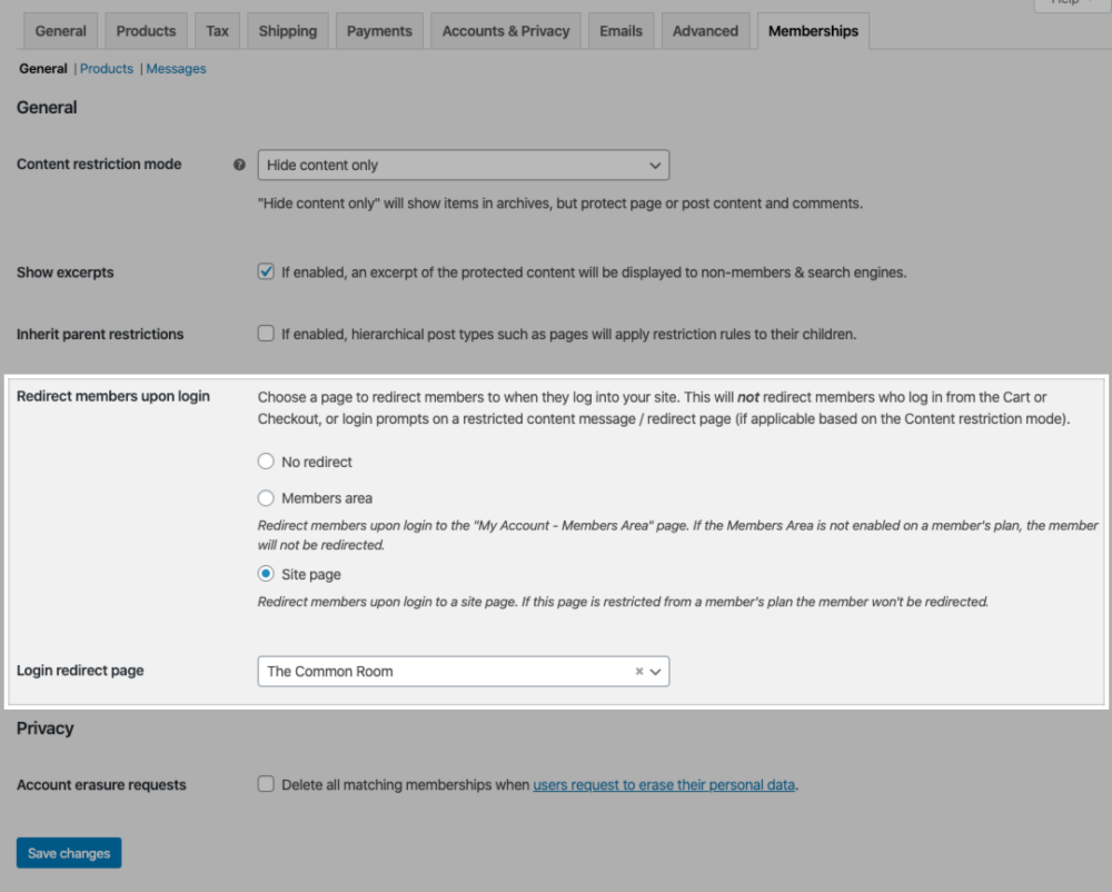 The Redirect members upon login and Login redirect pages settings in the site Memberships settings.