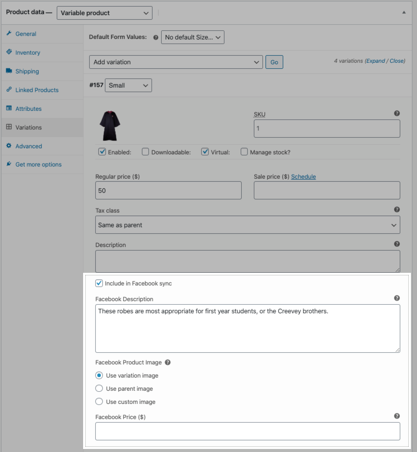 Facebook settings for variable products to control sync, description, image, and price.