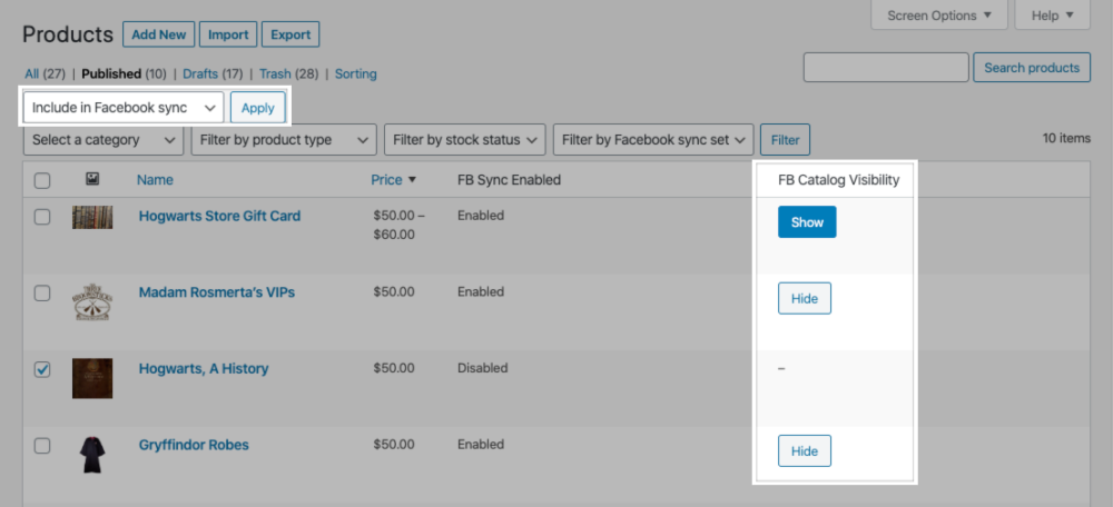 WooCommerce Products page actions to control Facebook product sync and catalog visibility