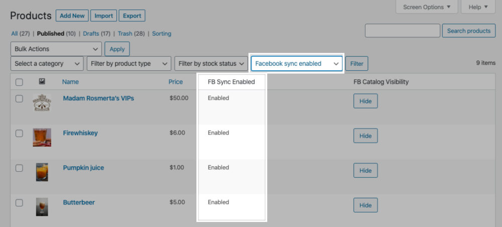 WooCommerce Products page filter by Facebook sync status