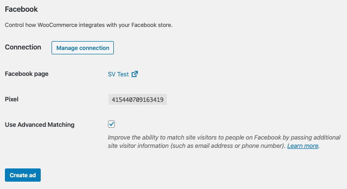 Facebook for WooCommerce connection settings
