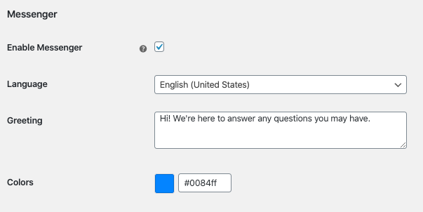 Facebook for WooCommerce Messenger settings