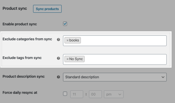 Facebook for WooCommerce product sync settings to exclude syncing product categories and tags