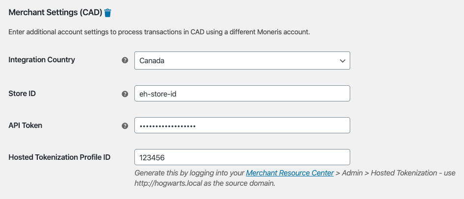 Merchant Settings area for the second account's credentials within the Moneris gateway settings.