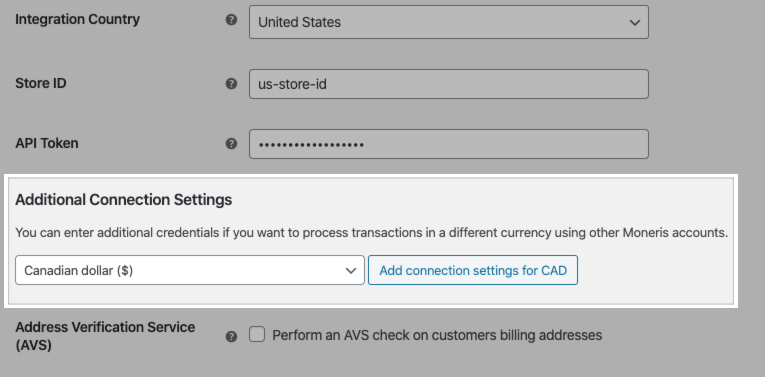 Additional Connection Settings area within the Moneris gateway settings.