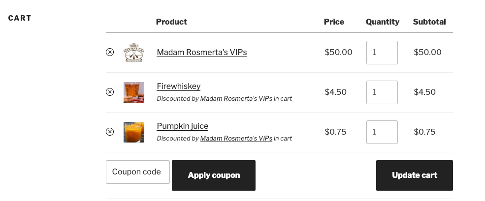 Cart notices for discounts applied by the presence of a membership product in the cart.