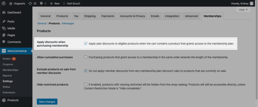 The "Apply discounts when purchasing membership" setting in the Memberships Products settings area.
