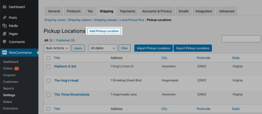 Adding a new pickup location from the Local Pickup Plus settings.