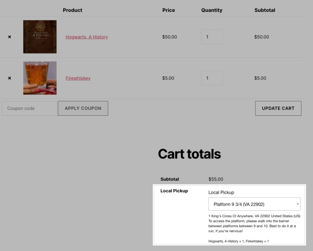 Selecting a pickup location in the cart.