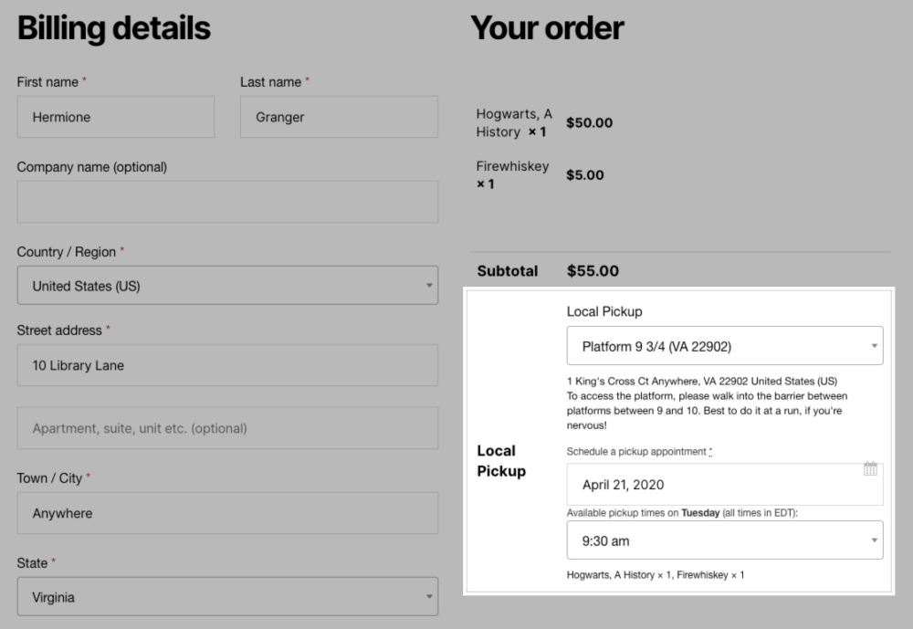Selecting a pickup appointment date and time at checkout.