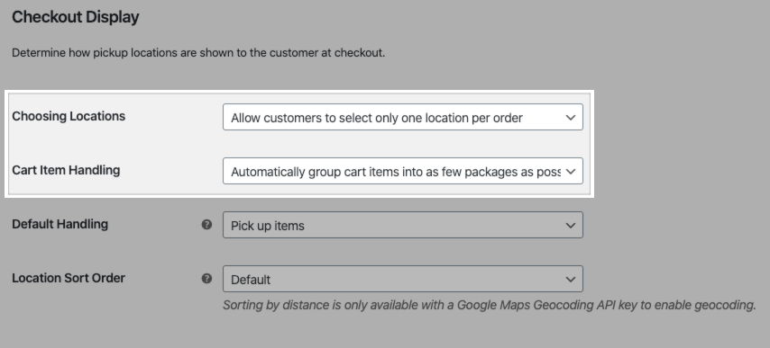 The Choosing Locations and Cart Item Handling settings for Local Pickup Plus.