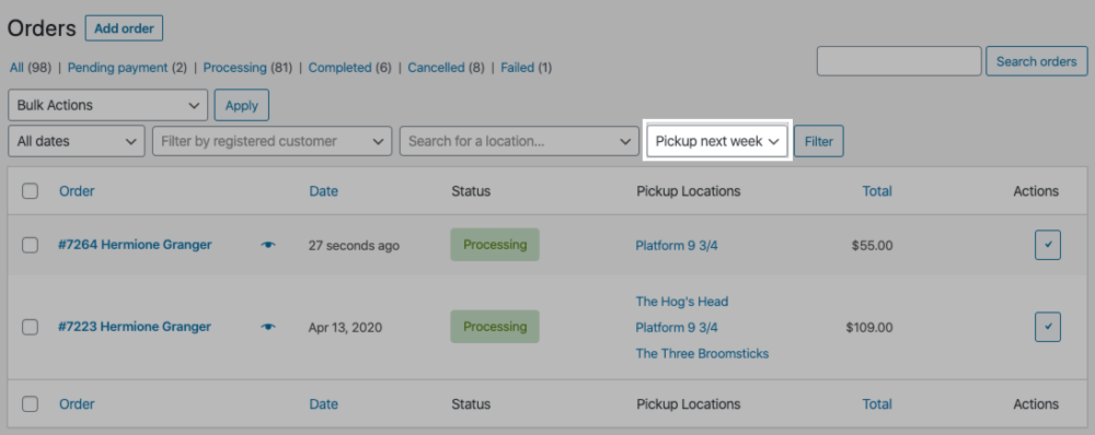 Use the pickup filter on WooCommerce > Orders to view orders by pickup date.
