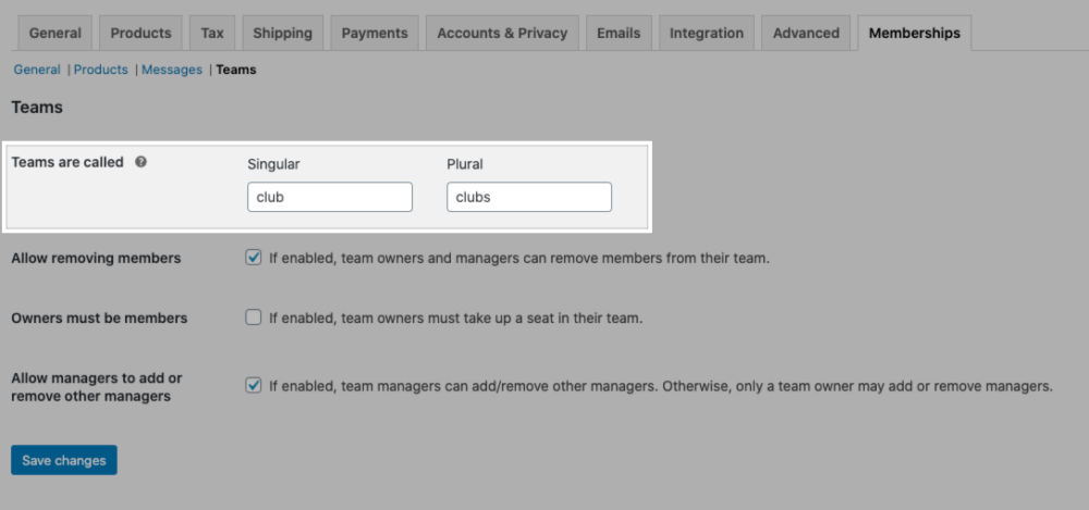 The "Teams are called" setting in the Teams for Memberships plugin settings.