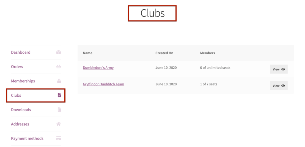 View of the member area, illustrating two places where "club" was renamed "clubs".