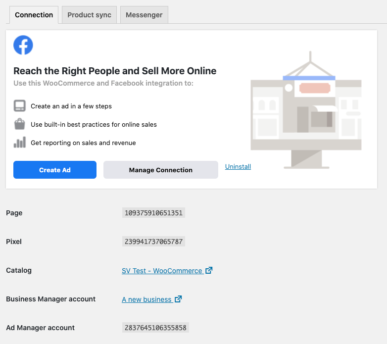 The Facebook for WooCommerce Connection tab.