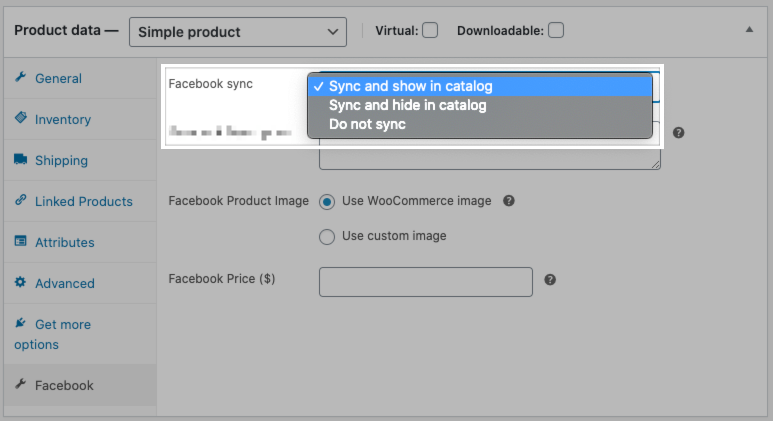 The Facebook sync setting on a WooCommerce product.