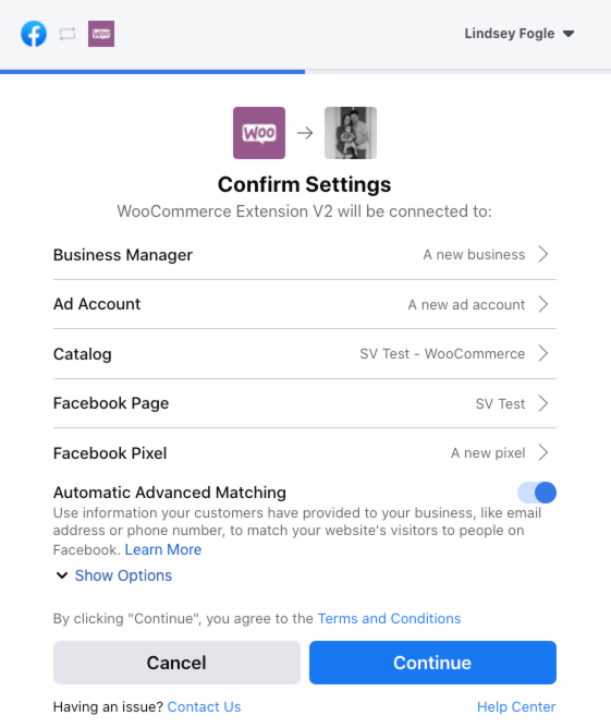 The Confirm Settings step of the Facebook for WooCommerce onboarding process.