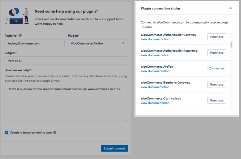 The plugin connection status section on the SkyVerge > Get Help page.