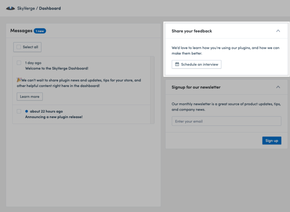 The interview section on the SkyVerge > Dashboard page.
