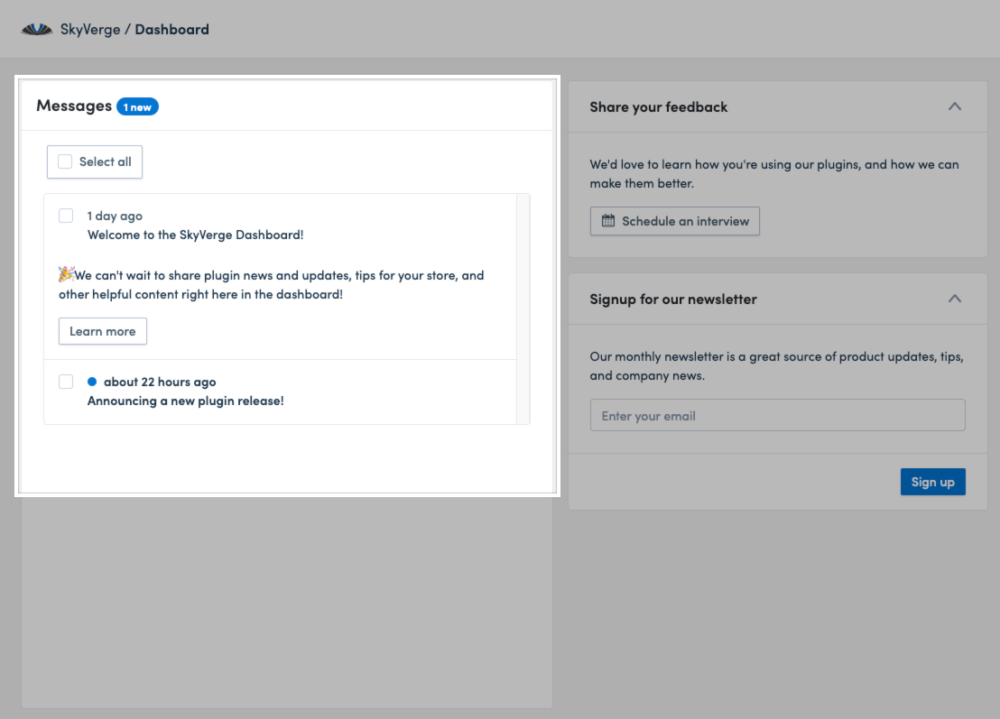 The messages section on the SkyVerge > Dashboard page.