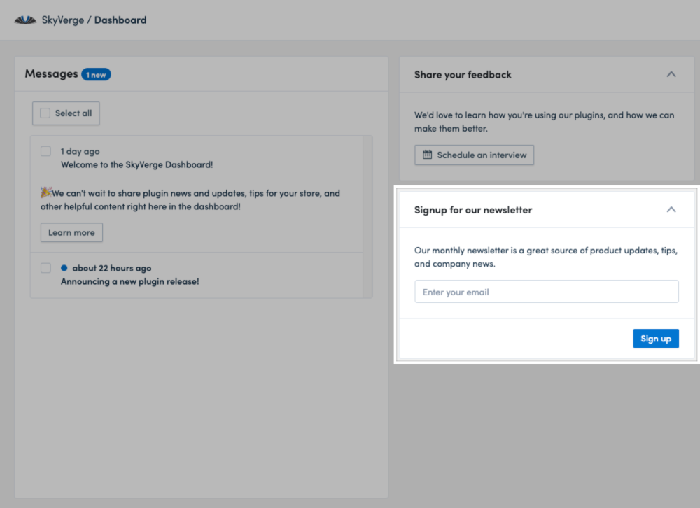 The newsletter section on the SkyVerge > Dashboard page.